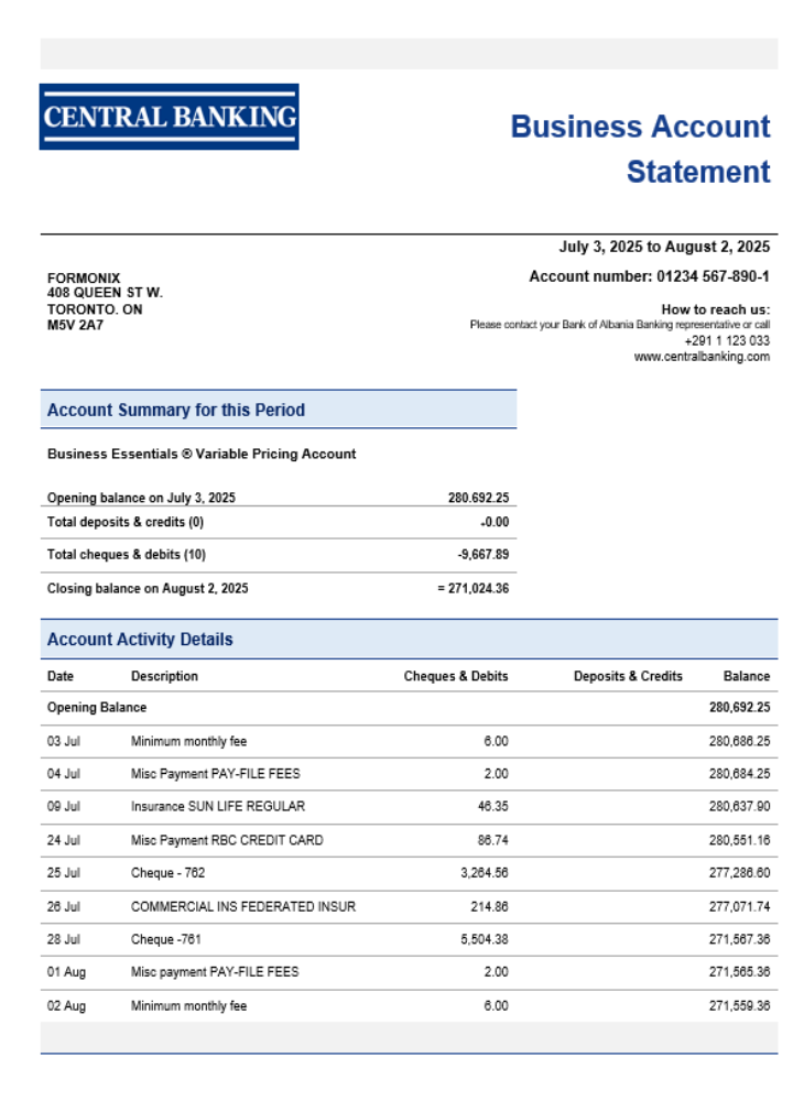 Relevé d'activité de la banque centrale Format Word et PDF